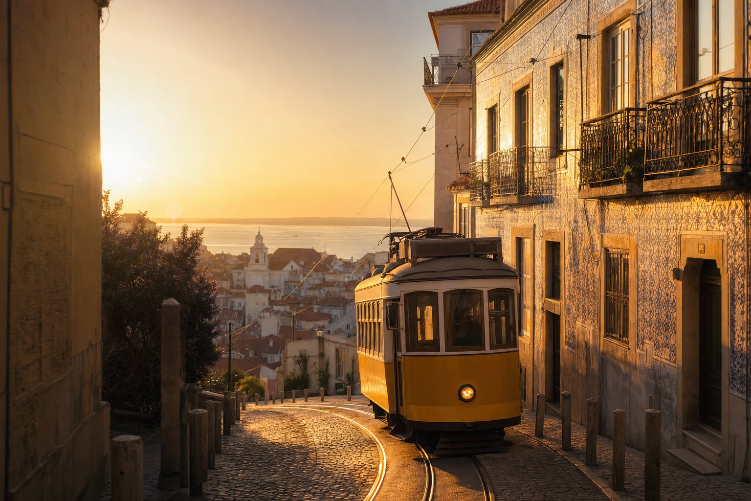 Golden-hour view of a Lisbon street with a vintage yellow tram